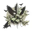 A stack of cash with wings flying towards a golden city skyline tattoo design idea