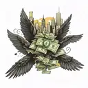 A stack of cash with wings flying towards a golden city skyline tattoo design idea
