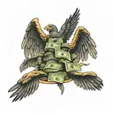 A stack of cash with wings flying towards a golden city skyline tattoo design idea