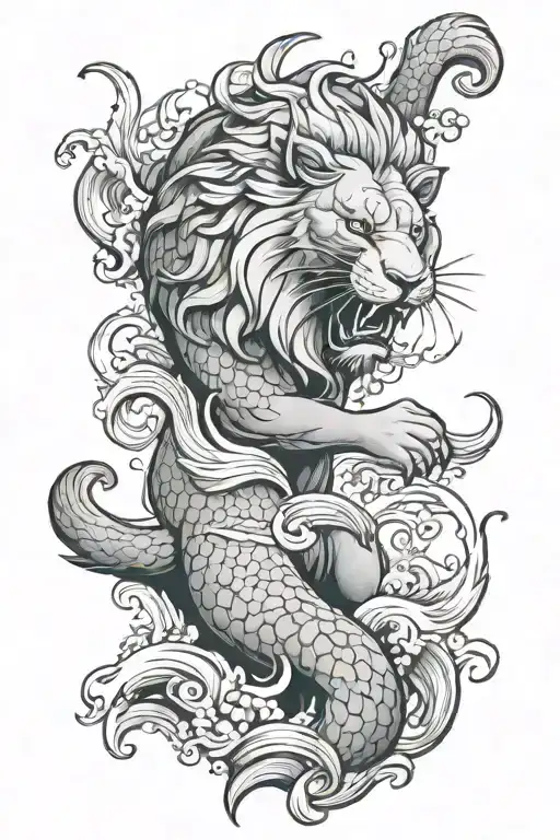 roaring lion and koi fish surrounded tattoo design idea