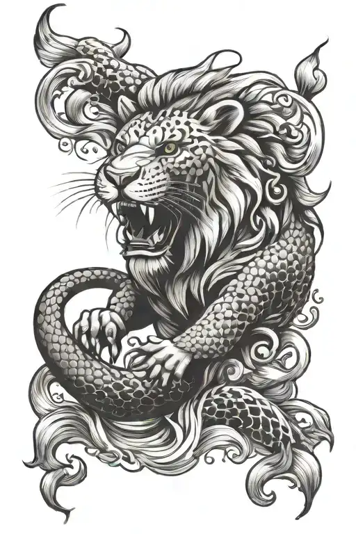 roaring lion and koi fish surrounded tattoo design idea