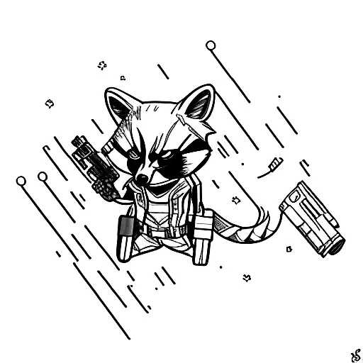 Rocket Raccoon con pistola en dibujo lineal  tattoo design idea