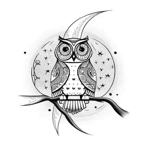 A philosophical owl perched on a crescent moon, surrounded by stars tattoo design idea