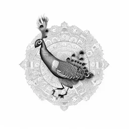 Create a tattoo design of a majestic blue peacock surrounded by ancient Roman ruins, blending Italian culture and history in black-grey style tattoo design idea
