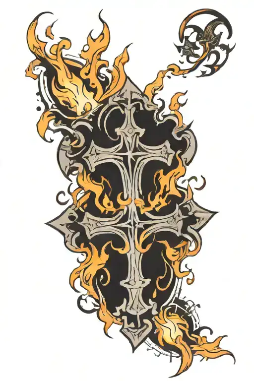 cross through four flames tattoo design idea