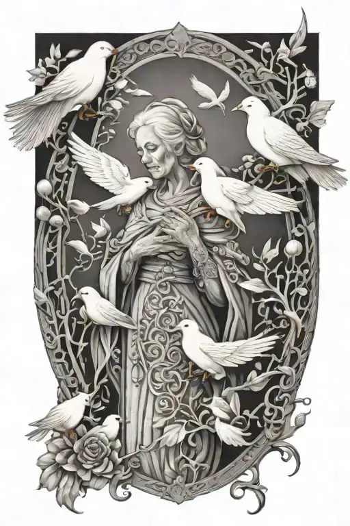 beautiful grandmother with white birds in heaven gates tattoo design idea