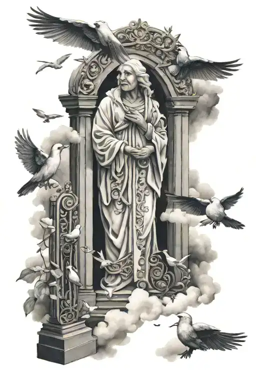 grandmother in heaven gates with white birds  tattoo design idea