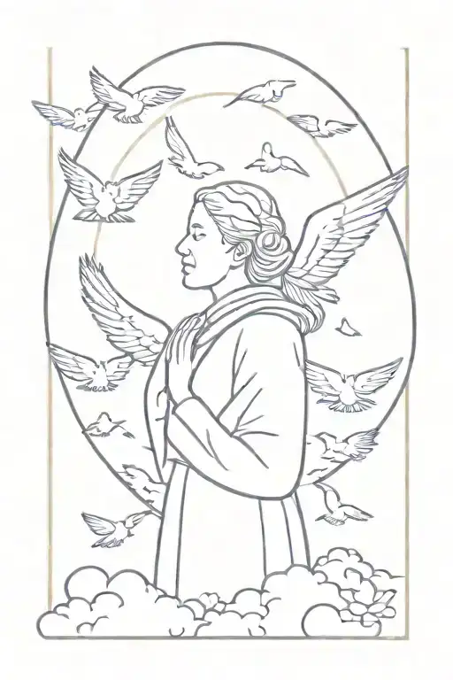 grandmother in heaven gates with white birds  tattoo design idea