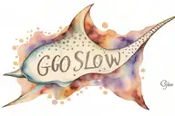 wave with spotted eagle ray with words "go slow" tattoo design idea