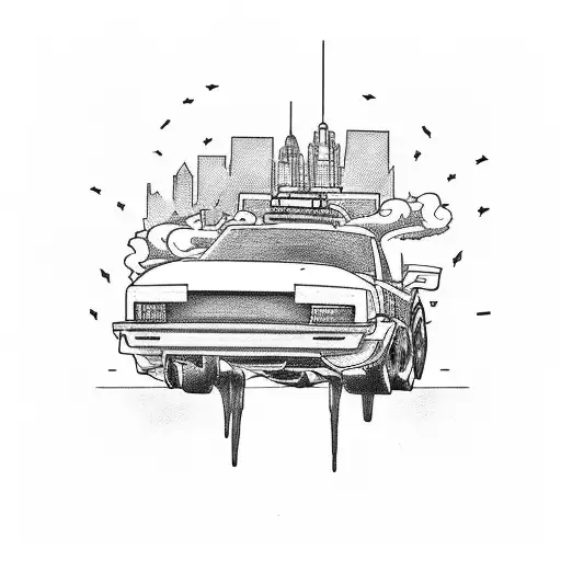 A JDM car drifting through a futuristic cityscape tattoo design idea