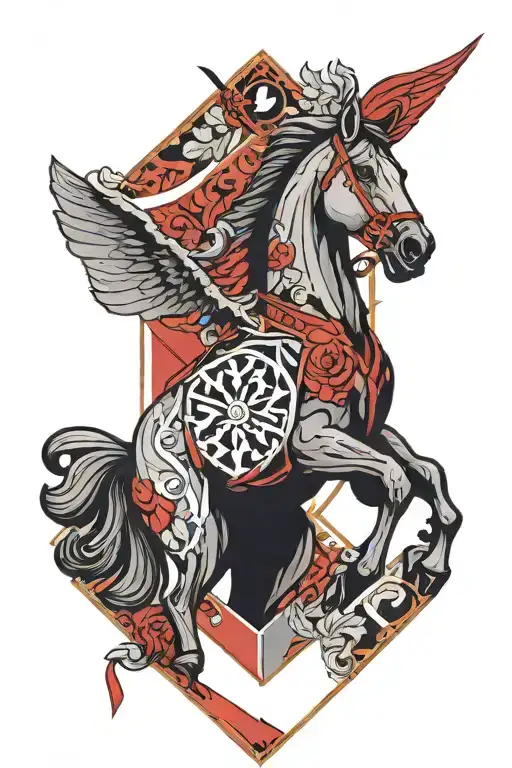 Invictus horse jumping with red cardinal perched shield with cornus and rose tattoo design idea