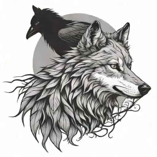 a wolf and a raven with thorn-branch background tattoo design idea