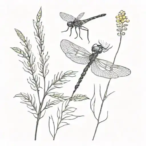 dragonfly on mimosa pudica plants and one flower tattoo design idea