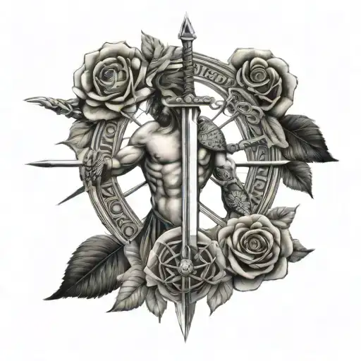 Tattoo of a sword with a rose surrounded by a magic circle whith Atlas, the Vitruvian Man, Pegasus and Michelang tattoo design idea