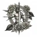 Tattoo of a sword with a rose surrounded by a magic circle whith Atlas, the Vitruvian Man, Pegasus and Michelang tattoo design idea