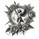 Tattoo of a sword with a rose surrounded by a magic circle whith Atlas, the Vitruvian Man, Pegasus and Michelang tattoo design idea