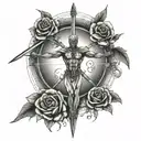 Tattoo of a sword with a rose surrounded by a magic circle whith Atlas, the Vitruvian Man, Pegasus and Michelang tattoo design idea