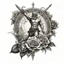 Tattoo of a sword with a rose surrounded by a magic circle whith Atlas, the Vitruvian Man, Pegasus and Michelang tattoo design idea