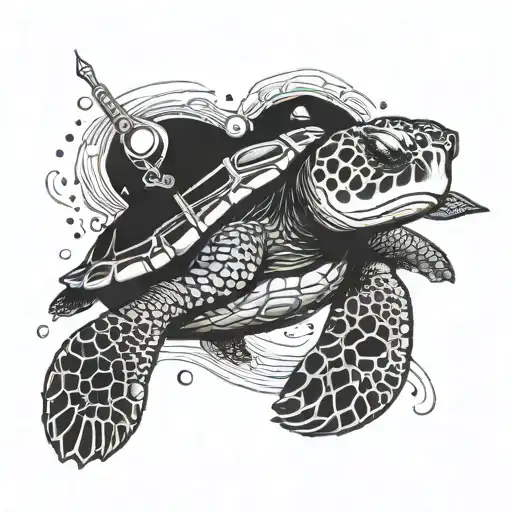 A blackwork tattoo of a determined sea turtle with motorcycle wheels for flippers, blending the client's love for driving and ocean animals tattoo design idea