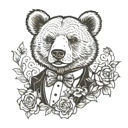 bear cub in a tuxedo black and white tattoo design idea