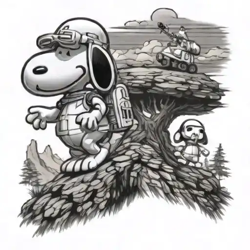 snoopy and stormtrooper conquering a mountain tattoo design idea