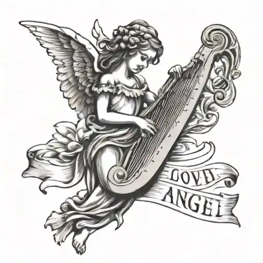 A whimsical scene of an angel playing a harp with the phrase 'I'm Loved by an Angel' in a banner tattoo design idea