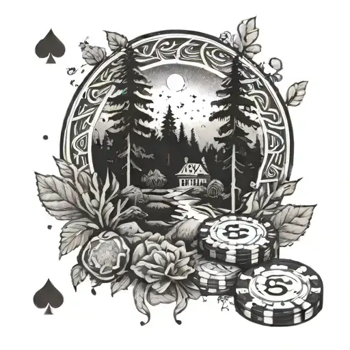 A dotwork tattoo of a gambling chip with a forest landscape inside, blending the client's interests in gambling and nature tattoo design idea