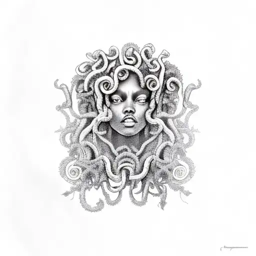 black medusa, mushrooms, forest tattoo design idea