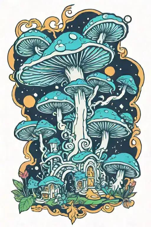 mushroom, fairy, trippy scenery tattoo tattoo design idea