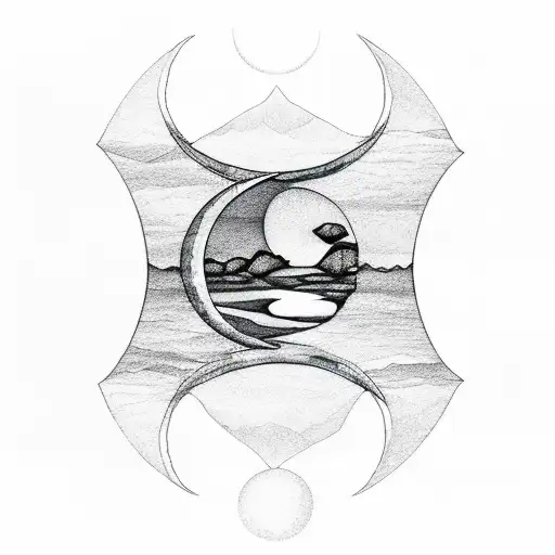 a waning crescent moon over water with a full nature scene (trees/rocks/etc).  moonlight reflected in water tattoo design idea