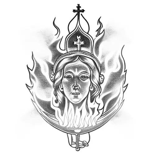 A blackwork tattoo of a Catholic saint surrounded by flames and a construction tool in hand tattoo design idea