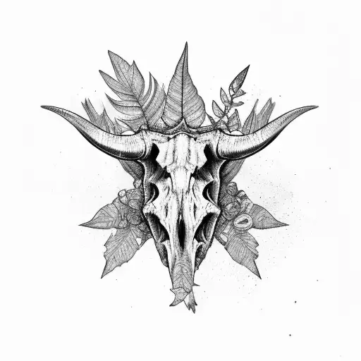 triceratops dinosaur skull with leafs tattoo design idea