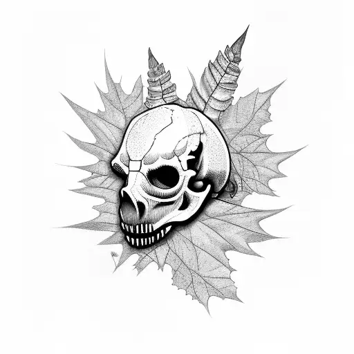 dinosaur skull with leafs tattoo design idea