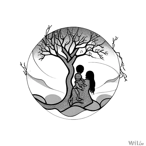 a mother kneeling sideways with a baby in her arms, tree branches  growing on her back. Leaning towards her ch tattoo design idea