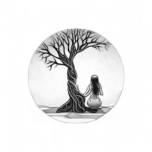 a mother kneeling with the symbol of her child in her arms, tree branches are growing out of her curved back. tattoo design idea