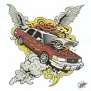 2006 fordcrown Victoria in a cloud with dragons and lightning bolts doing a burnout  tattoo design idea