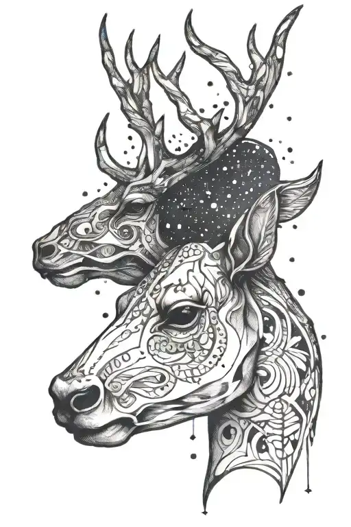 The constellation Orion , half deer head , half deer skull , Spiritual tattoo design idea