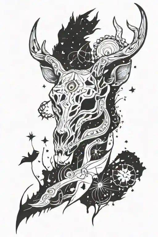 The constellation Orion , half deer head , half deer skull , Woodland-style art tattoo design idea