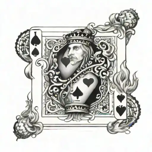 king of hearts playing card with king and hearts made of flames realistic  tattoo design idea