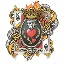 king of hearts playing card with king and hearts made of flames realistic  tattoo design idea