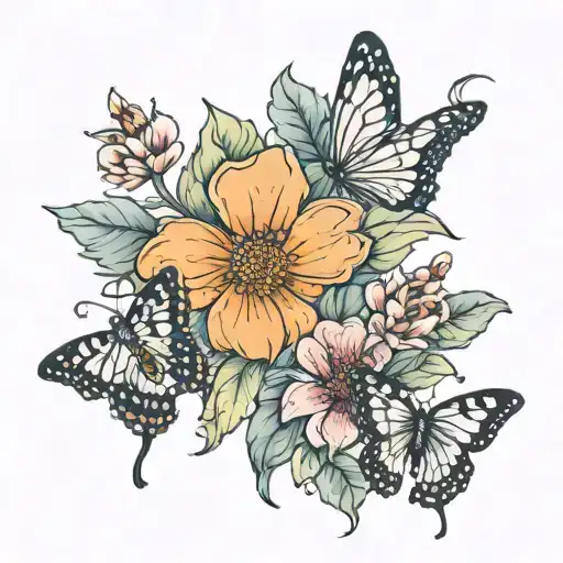 January, February, and November birth flowers with butterflies tattoo design idea