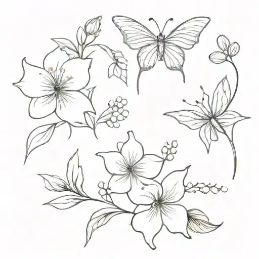 January, February, and November birth flower bouquet with butterflies tattoo design idea