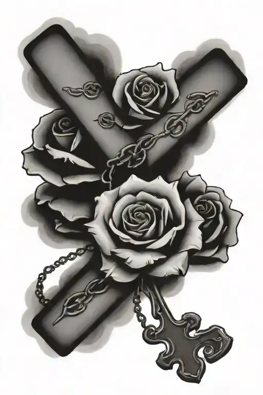 rose with praying hands holding a cross chain with clouds in background  tattoo design idea