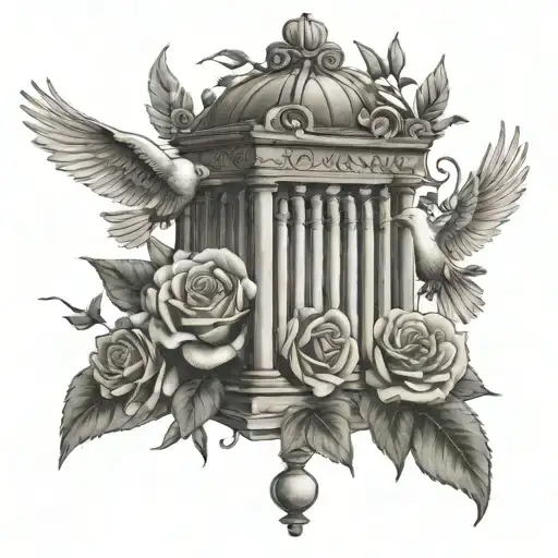 Roman numeral roses heaven gates doves flying tattoo design idea