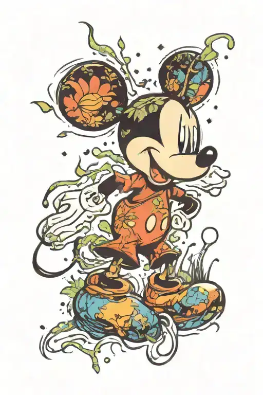 Mickey Mouse on acid running through a forest scene tattoo design idea