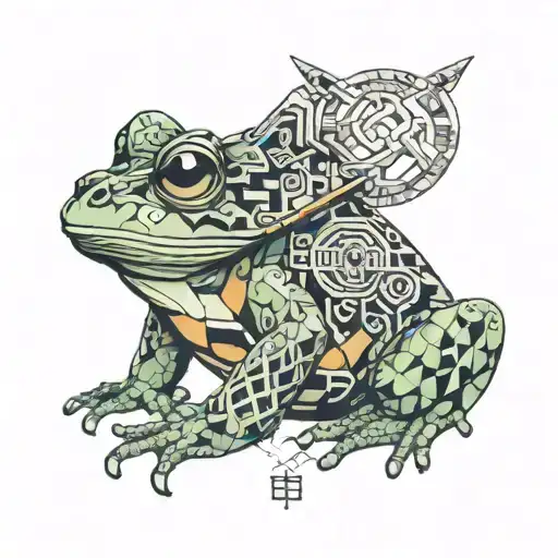 A Japanese frog wearing a samurai helmet surrounded by coding symbols tattoo design idea