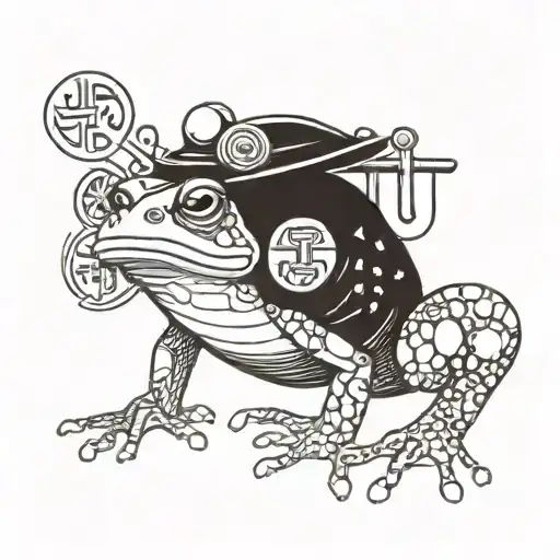 A Japanese frog wearing a samurai helmet surrounded by coding symbols tattoo design idea