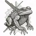 A Japanese frog with a samurai sword and coding symbols forming a background tattoo design idea