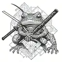 A Japanese frog with a samurai sword and coding symbols forming a background tattoo design idea