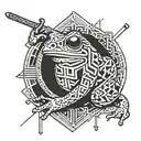 A Japanese frog with a samurai sword and coding symbols forming a background tattoo design idea